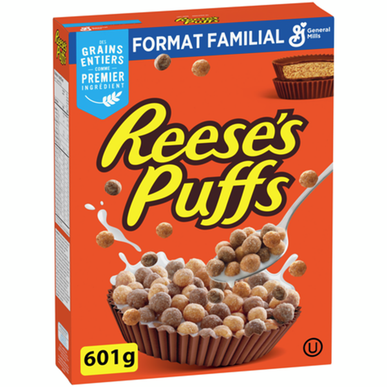 General Mills Reese's Puffs, Céréales Pour le Petit-Déjeuner Saveur Beurre d'Arachide et Chocolat, Grains Entiers, Format Familial 601 g, 0,92 $/100g