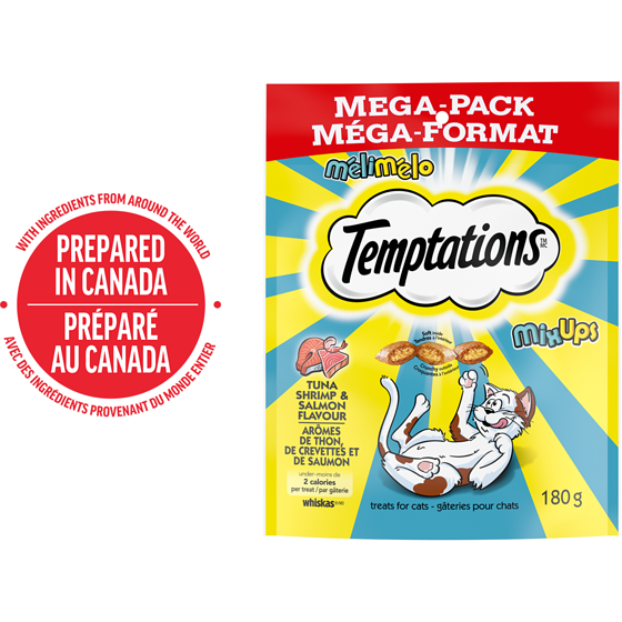 Temptations Gâteries pour chats Mélimélo arômes de thon, de crevettes et de saumon 180 g, 1,94 $/100g
