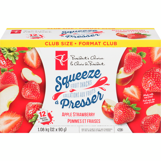 le Choix du Président Collations aux fruits à presser, pommes et fraises 12x90.0 g, 0,79 $/100g
