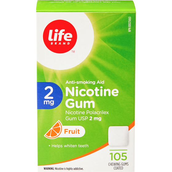 Life Gomme de nicotine à 2 mg à saveur de fruits, 105 gommes enrobées 105 ea, 0,36 $/1ch