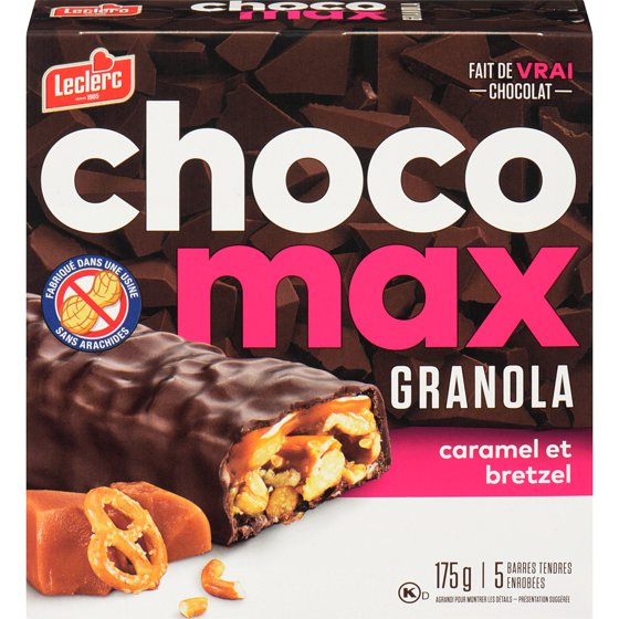 Leclerc Barres Choco Max, caramel et bretzel 175 g, 2,45 $/100g