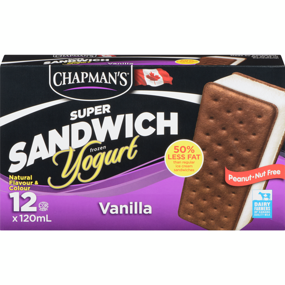 Chapmans Super Frozen Yogurt Sandwich Vanilla  12x120.0 ml, $0.35/100ml