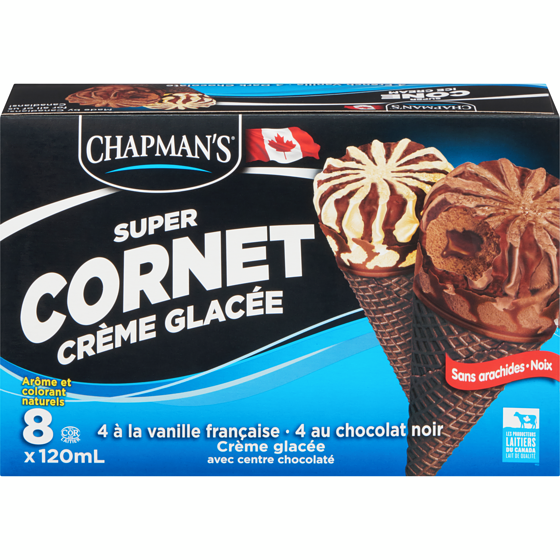 Chapman’s Super Cornet crème glacée à la vanille française et au chocolat noir 8x120.0 ml, 0,94 $/100ml