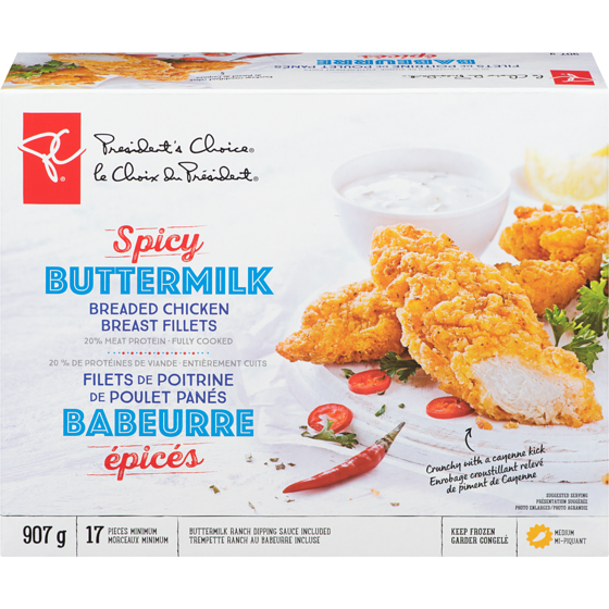 le Choix du Président Filets De Poitrine De Poulet Panés Au Babeurre Épicé, 17 Morceaux Moyens Minimum 907 g, 2,32 $/100g