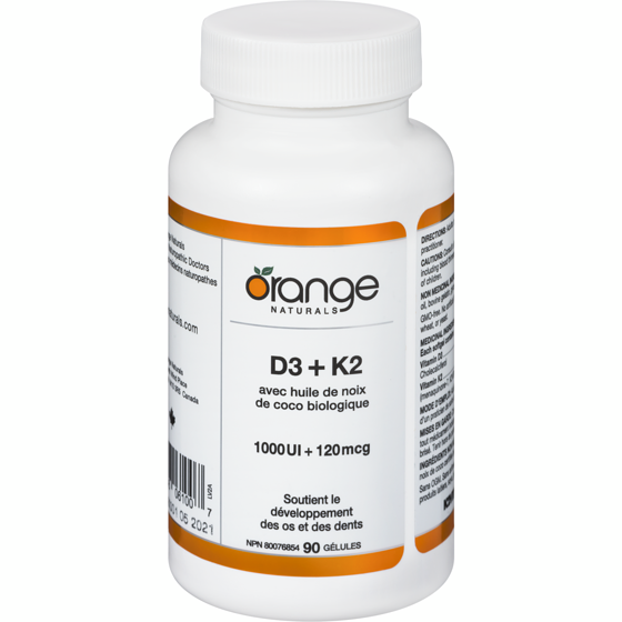 Orange Naturals D3 + K2 avec huile de noix de coco biologique 1000 UI + 120 µg, 90 gélules 90 ea, 0,22 $/1ch