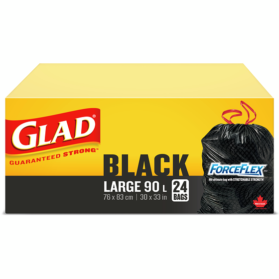 Glad Grands sacs à ordures noirs ForceFlex à cordon coulissant, sacs à ordures de 90 L 24 ea, 0,44 $/1ch