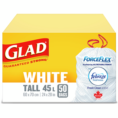 Glad Sacs à ordures blancs longs ForceFlex à cordon coulissant avec senteur fraîche et propre de Febreze fraîcheur, sacs à ordures de 45 L 50 ea, 0,28 $/1ch