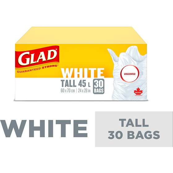 Glad White Garbage Bags - Tall 45 Litres - Unscented 30 ea, $0.30/1ea