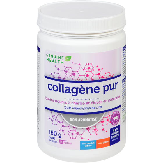 Genuine Health collagène pur, de source bovine provenant de vaches nourries à l'herbe, hydrolysé, non aromatisé, en poudre 160 g, 18,12 $/100g
