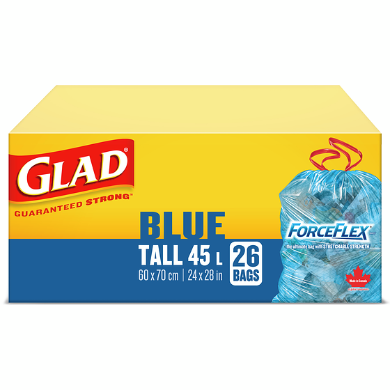 Glad Blue Recycling Bags - Tall 45 Litres - ForceFlex, Drawstring 26 ea, $0.37/1ea