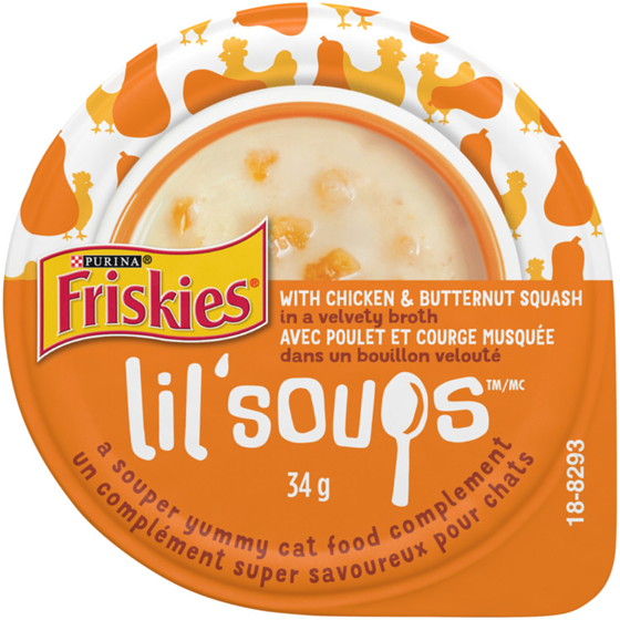 Purina Friskies lil' soups avec poulet et courge musquée dans un bouillon velouté 34 g, 4,38 $/100g