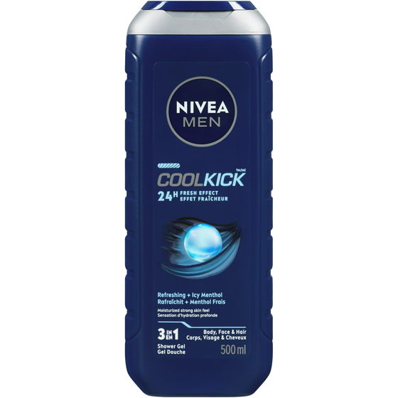 Nivea Soap, Men Cool kick Shower Gel Body Face and Hair 500 ml, $0.90/100ml