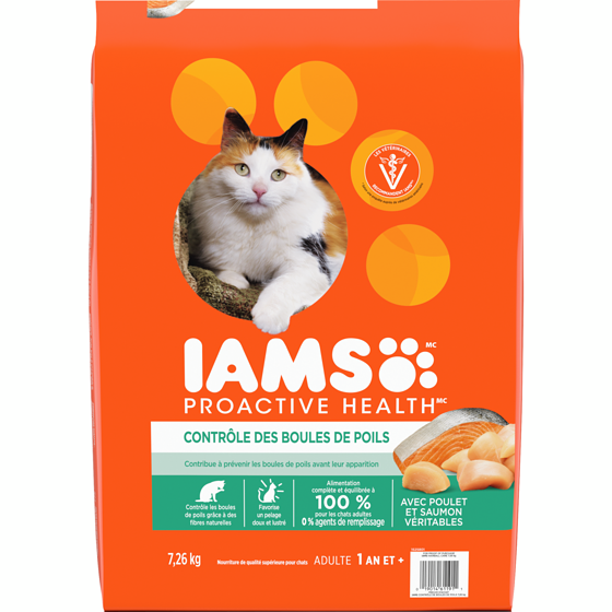 Iams Nourriture sèche pour chats adultes PROACTIVE HEALTH Hairball Care avec poulet et saumon, sac 7.257 kg, 0,62 $/100g