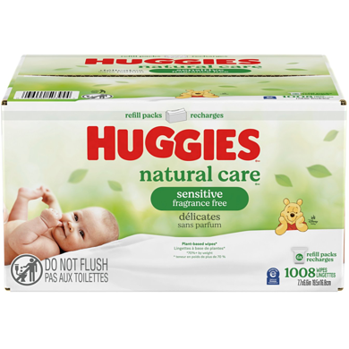 Huggies Lingettes pour bébés Natural Care pour peau sensible, NON PARFUMÉES, 6 recharges, total de 1,008 lingettes 1 ea, 0,03 $/1ch