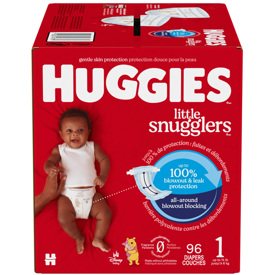 Huggies Couches pour bébés Little Snugglers, taille 1, 96 couches 96 ea, 0,40 $/1ch