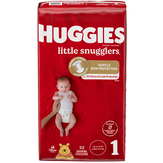 Huggies Couches pour bébés Little Snugglers, taille 1 (4 à 6 kg [8 à 14 livres]), 32 couches 32 ea, 0,50 $/1ch