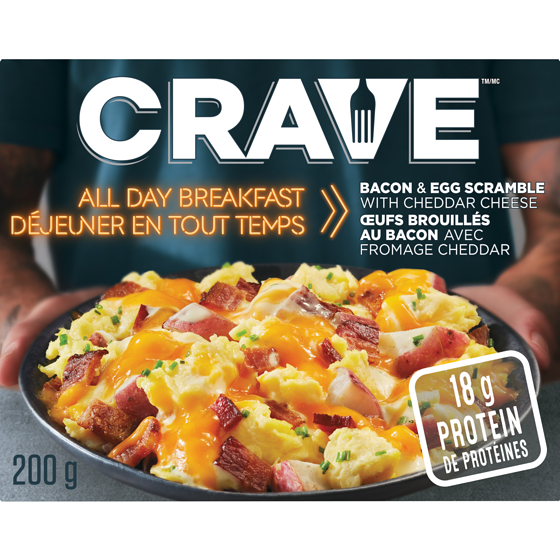 Crave Œufs brouillés au bacon avec fromage cheddar 200 g, 3,25 $/100g