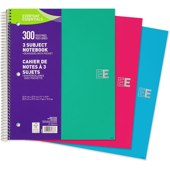Everyday Essentials Cahier de notes 3 sujets, 300 pages 1 ea, 6,50 $/1ch