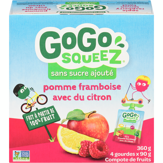 GoGo Squeez Compote tourbillon pomme-framboise-citron, sachet 4x90.0 g, 1,25 $/100g