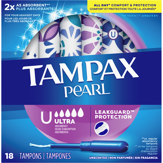 Tampax Tampons Pearl avec tresse anti-fuites LeakGuard, degré d’absorption ultra, non parfumés 18 ea, 0,38 $/1ch