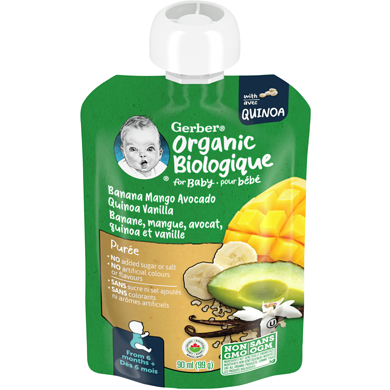 Nestlé Gerber Organic Baby Pure Banana Mango Avocado Vanilla Quinoa 99 g, $2.01/100g