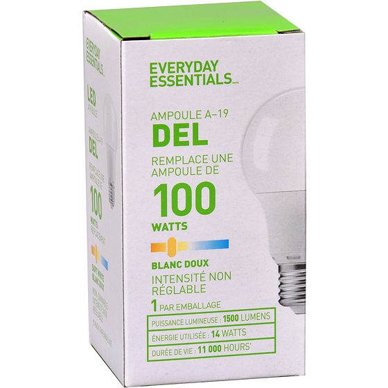 Everyday Essentials Amp Del 100W A19 blanc doux emb. 1 1 ea, 7,00 $/1ch