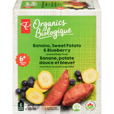 PC Biologique Banane Patate Douce Et Bleuet 6x128.0 ml, 0,82 $/100ml
