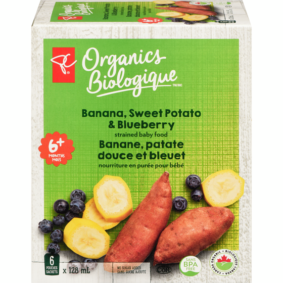 PC Biologique Banane Patate Douce Et Bleuet 6x128.0 ml, 0,91 $/100ml