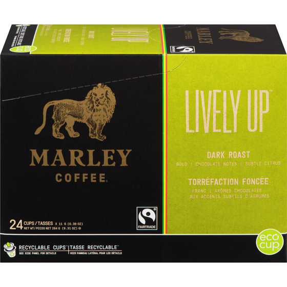 Marley Coffee Capsules d’une portion, compatibles avec K-Cup, Lively Up, torréfaction foncée, quantité de 24 24 ea, 0,79 $/1ch