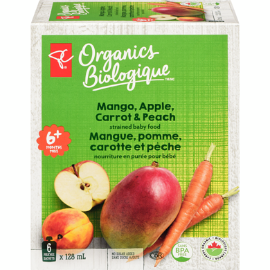 PC Organics Mango Apple Carrot & Peach 6x128.0 ml, $0.82/100ml