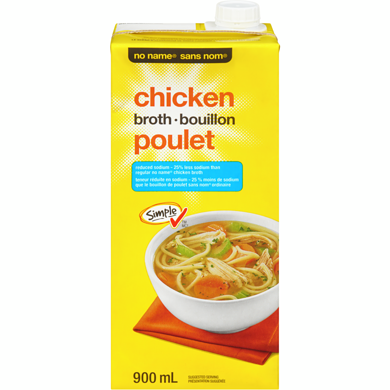 Sans Nom Bouillon de poulet faible en sodium 900 ml, 0,17 $/100ml