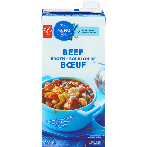 PC Blue Menu Beef Broth 900 ml, $0.23/100ml
