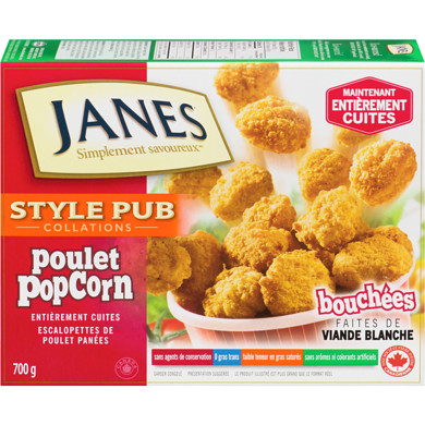 Janes Burgers popcorn, entièrement cuits 700 g, 1,86 $/100g