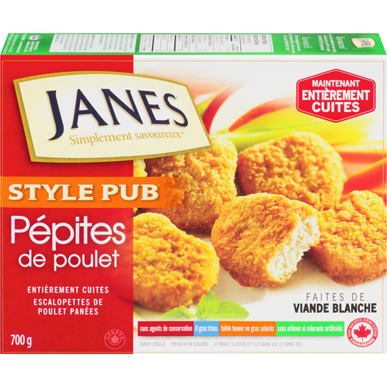 Janes Pépites de poulet style pub, entièrement cuites 700 g, 0,85 $/100g