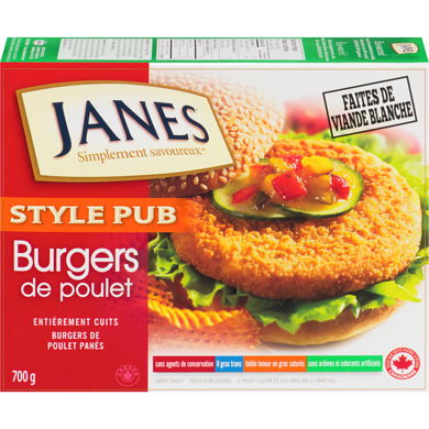 Janes Burger de poulet style pub, entièrement cuit 700 g, 0,85 $/100g