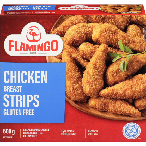 Flamingo Breaded Cutlette Chicken Breast Fully Cooked Gluten Free Strip 600 g, $1.42/100g