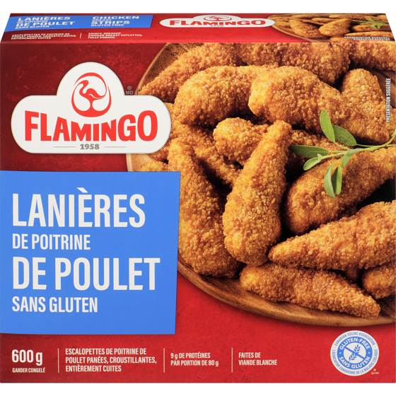 Flamingo Lanières d’escalope de poitrine de poulet panée entièrement cuite, sans gluten 600 g, 1,42 $/100g