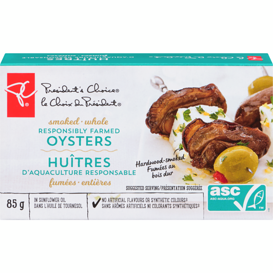President's Choice Smoked Whole Responsibly Farmed Oysters In Sunflower Oil 85 g, $2.35/100g