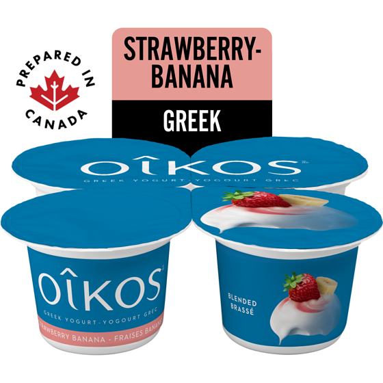 Oikos Greek Yogurt, Strawberry Banana, Blended, 2% M.F. 4x100.0 g, $1.25/100g