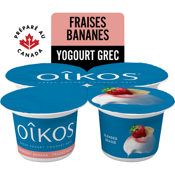 Oikos Yogourt grec, fraises banane, 2% M.G., brassé 4x100.0 g, 1,07 $/100g