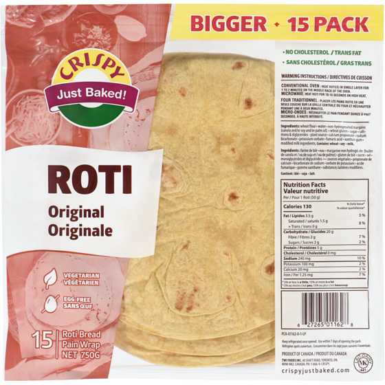 Crispy Pain Roti original, 15 pains 750 g, 0,51 $/100g