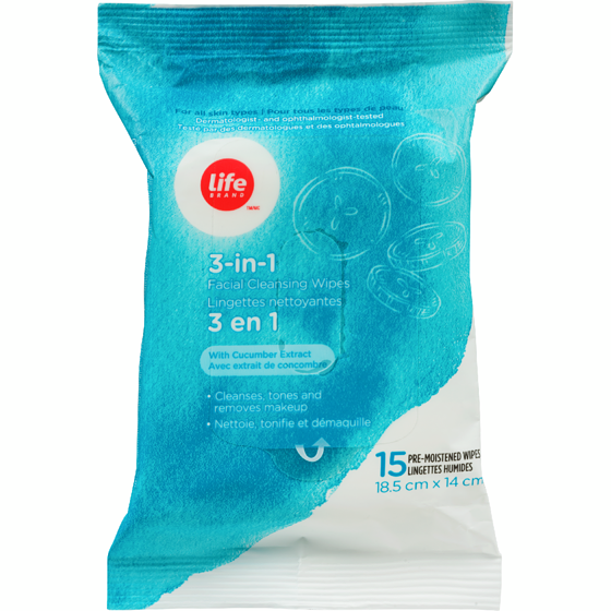 Life Lingettes nettoyantes 3-en-1 pour le visage, extrait de concombre 15 ea, 0,20 $/1ch