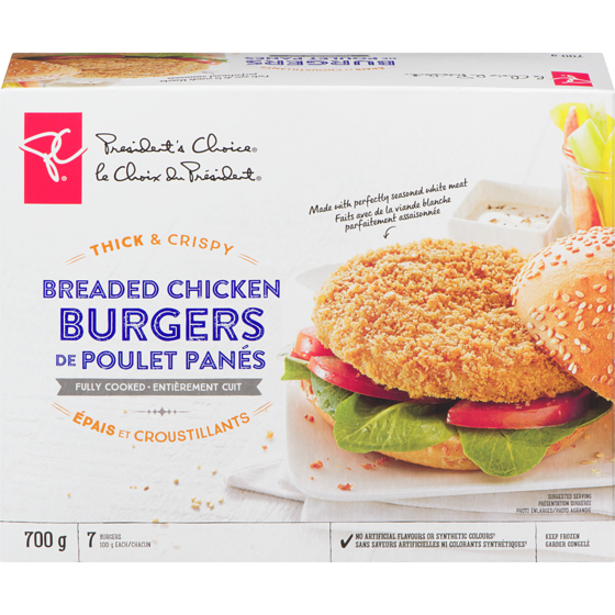 President's Choice Thick & Crispy Breaded Chicken Burgers, Fully Cooked 700 g, $0.97/100g