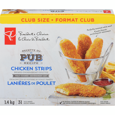 President's Choice Pub Recipe Chicken Strips, Fully Cooked, Club Size 1.4 kg, $0.93/100g