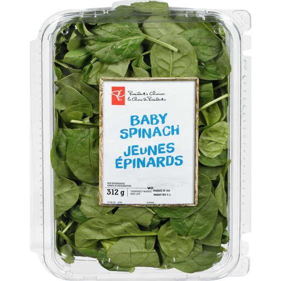 President's Choice Baby Spinach 0.312 kg, $2.24/100g