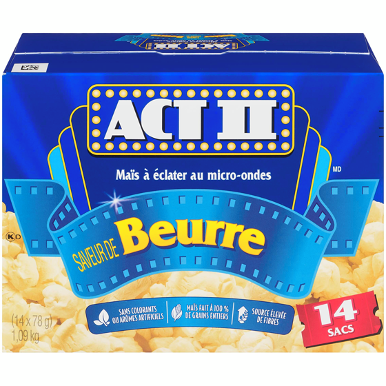 Act II Maïs à éclater au micro-ondes saveur de beurre 14 sacs  1092 g, 0,92 $/100g