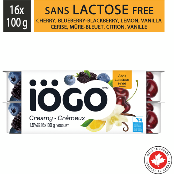 IOGO Cherry Lemon Blackberry-Blueberry Vanilla Lactose-Free Yogurt Cups 1.5% 16x100.0 g, $0.56/100g