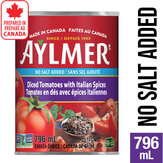 Aylmer Diced Tomatoes with Italian Spices, No Salt Added 796 ml, $0.25/100ml