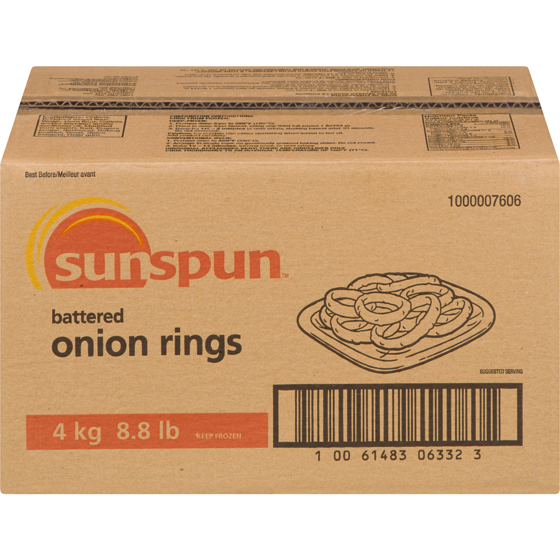 Sunspun Battered Onion Rings 4 kg, $0.75/100g