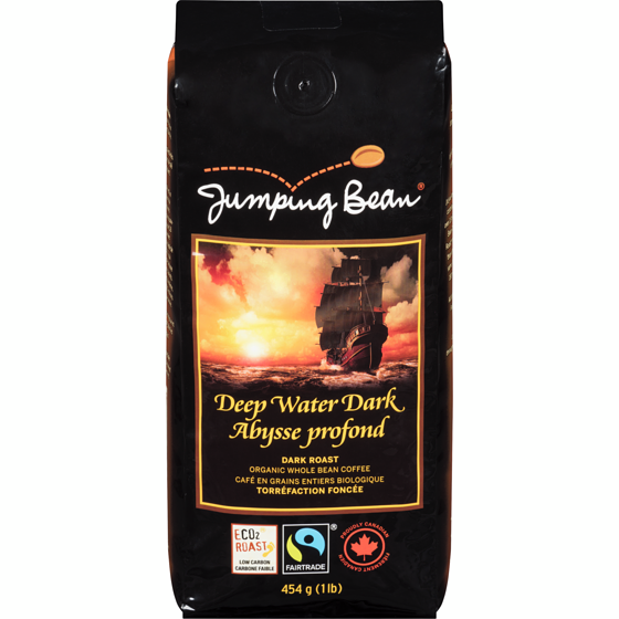 Jumping Bean Coffee, Organic Whole Bean Dark Roast Deep Water Dark 454 g, $4.18/100g